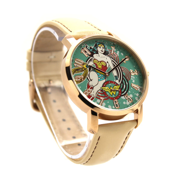 Wonder Woman Retro Wonderous Women's or Men's Genuine Leather Justice League Movie DC Comics Watch (WOW5090)