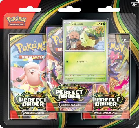 Pokémon TCG: Mega Evolution – Perfect Order 3 Pack Blister (Chikorita Promo, Factory Sealed)