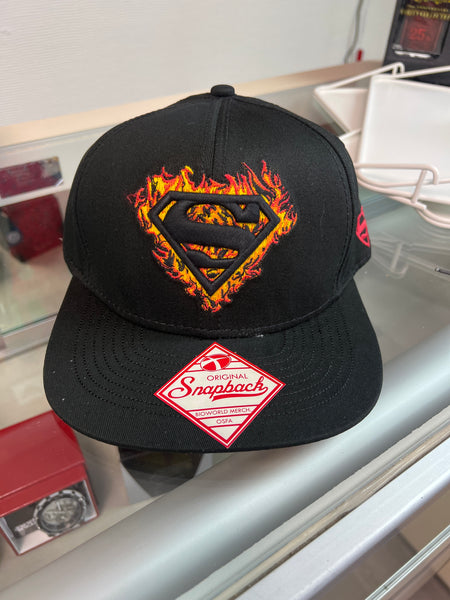 Superman Shield Men's Black Flames Adjustable Cap Snapback Hat