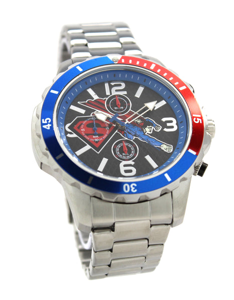 Superman Clark Kent Men's or Women's Silver Retro Red and Blue Diver Style Chronograph Watch Justice League DC Comics (SUP8058)
