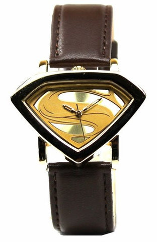 Man of Steel Superman Shield Watch - Gold - Leather Strap (MOS 5007) - SuperheroWatches.com